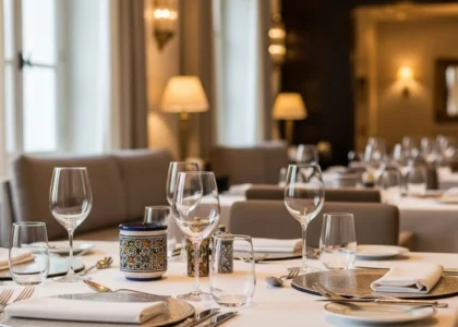 Elegantly set table in a discreet Rabat restaurant, ideal for a business lunch.