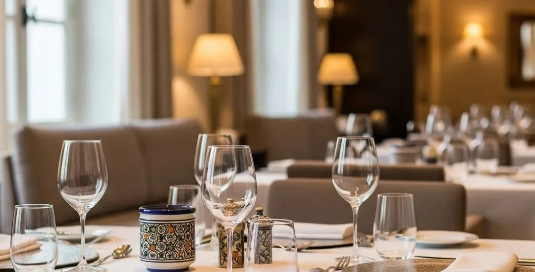 Table élégamment dressée dans un restaurant discret à Rabat, idéale pour un déjeuner d'affaires.