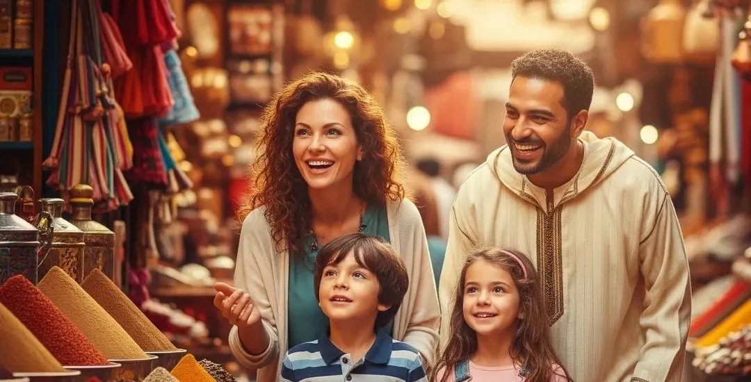 Happy family exploring a Moroccan souk.