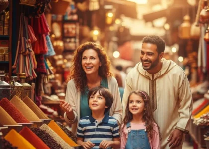 Happy family exploring a Moroccan souk.