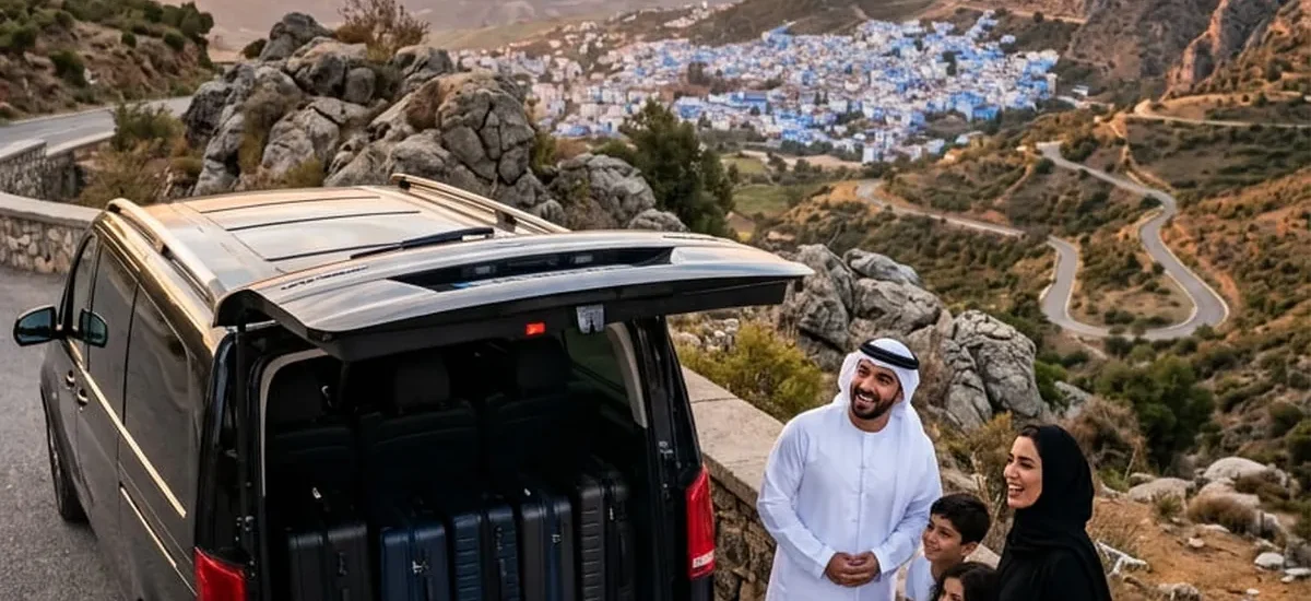 Circuit villes impériales en famille en van privatif devant la médina bleue de Chefchaouen