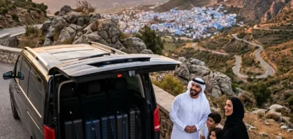 Circuit villes impériales en famille en van privatif devant la médina bleue de Chefchaouen