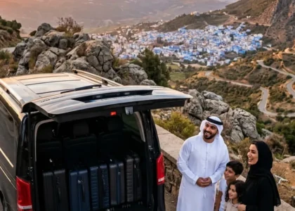 Circuit villes impériales en famille en van privatif devant la médina bleue de Chefchaouen
