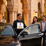 Driver in strict attire in front of a Mercedes saloon for a luxury concierge service in Rabat