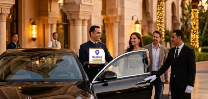Chauffeur en tenue stricte devant une berline Mercedes pour une conciergerie de luxe à Rabat partant vers Chefchaouen