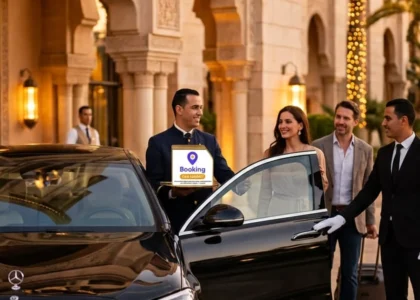 Chauffeur en tenue stricte devant une berline Mercedes pour une conciergerie de luxe à Rabat partant vers Chefchaouen