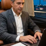 Dirigeant travaillant à bord d'une navette Casablanca-Rabat, mobilité corporate au Maroc avec facturation B2B et TVA déductible