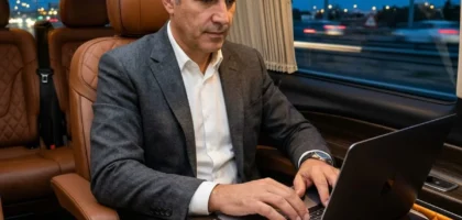 Dirigeant travaillant à bord d'une navette Casablanca-Rabat, mobilité corporate au Maroc avec facturation B2B et TVA déductible