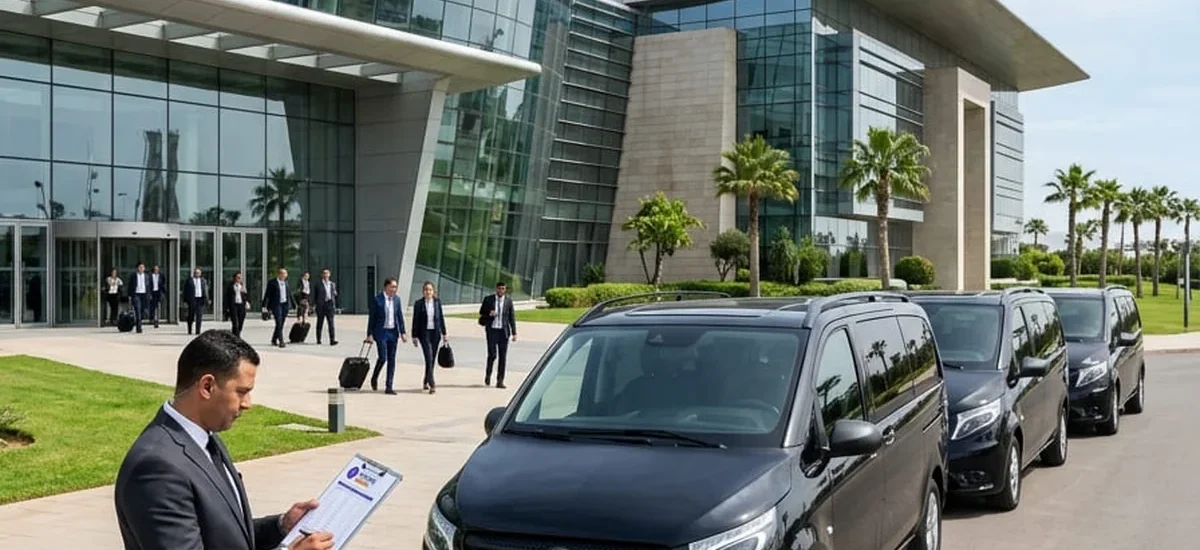 Minivans lined up for MICE logistics in Morocco in front of a congress centre in Rabat