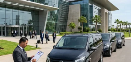 Minivans alignés pour la logistique MICE au Maroc devant un centre de congrès à Rabat